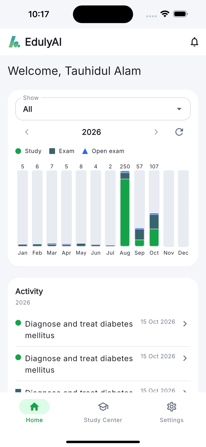 EdulyAI mobile home hub with Study Center, Open Exams, and Open Learning shortcuts