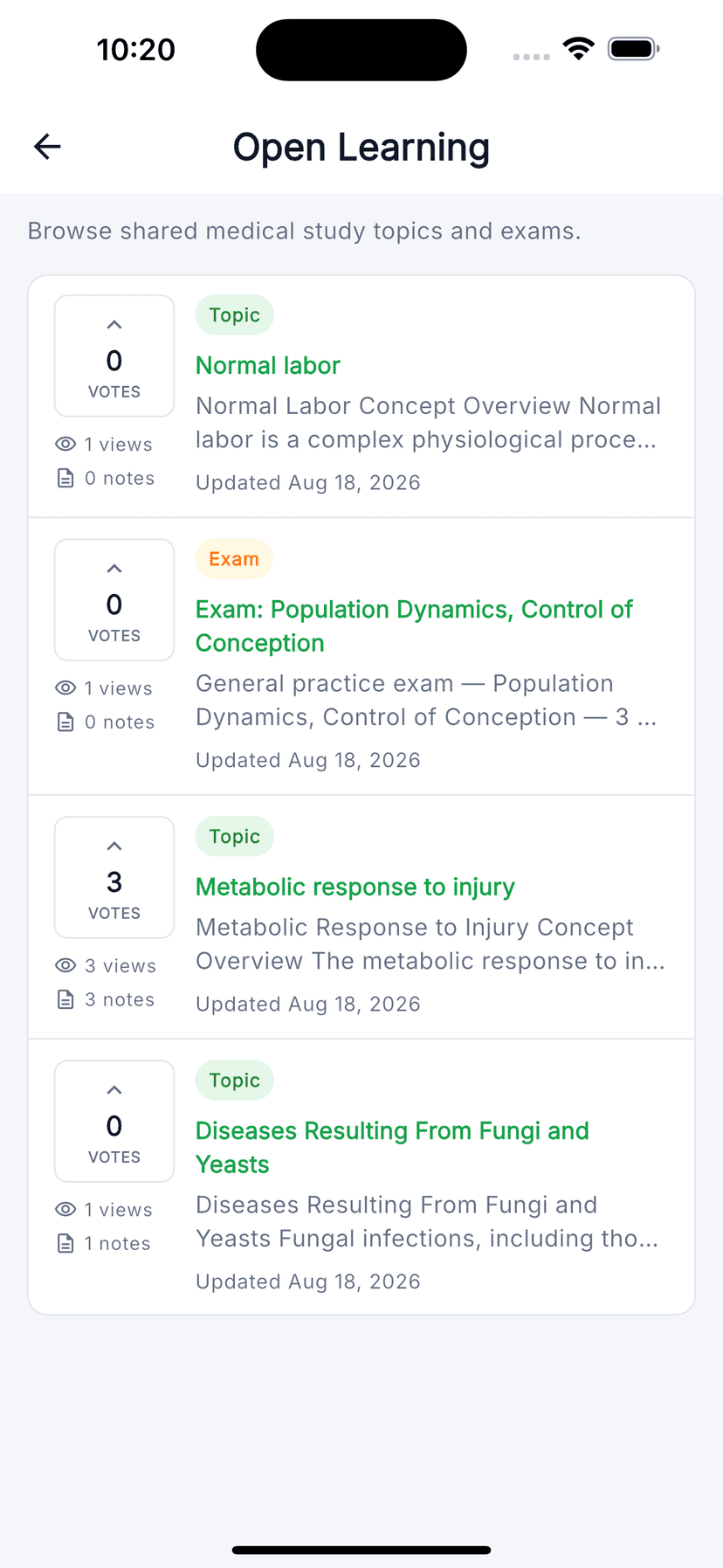 Open Learning catalog of shared medical topics and exams
